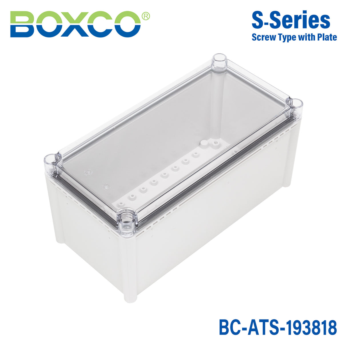 Boxco S-Series 7.48 x 14.96 x 7.09 Inches(190x380x180mm) Plastic Enclosure, IP67, IK08, ABS, Transparent Cover, Screw Type