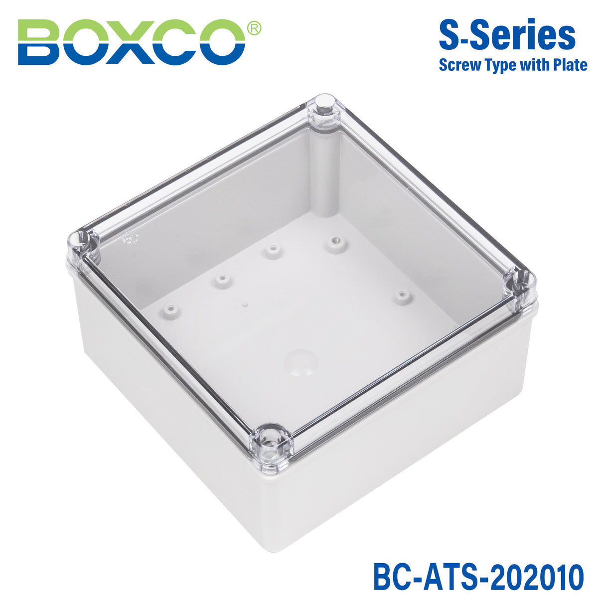Boxco S-Series 7.87 x 7.87 x 3.94 Inches(200x200x100mm) Plastic Enclosure, IP67, IK08, ABS, Transparent Cover, Screw Type