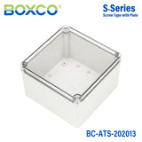 Boxco S-Series 7.87 x 7.87 x 5.12 Inches(200x200x130mm) Plastic Enclosure, IP67, IK08, ABS, Transparent Cover, Screw Type