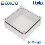 Boxco S-Series 11.02 x 11.02 x 5.12 Inches(280x280x130mm) Plastic Enclosure, IP67, IK08, ABS, Transparent Cover, Screw Type