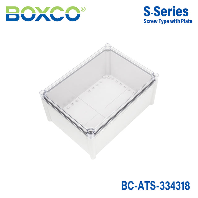 Boxco S-Series 12.99 x 16.93 x 7.09 Inches(330x430x180mm) Plastic Enclosure, IP67, IK08, ABS, Transparent Cover, Screw Type