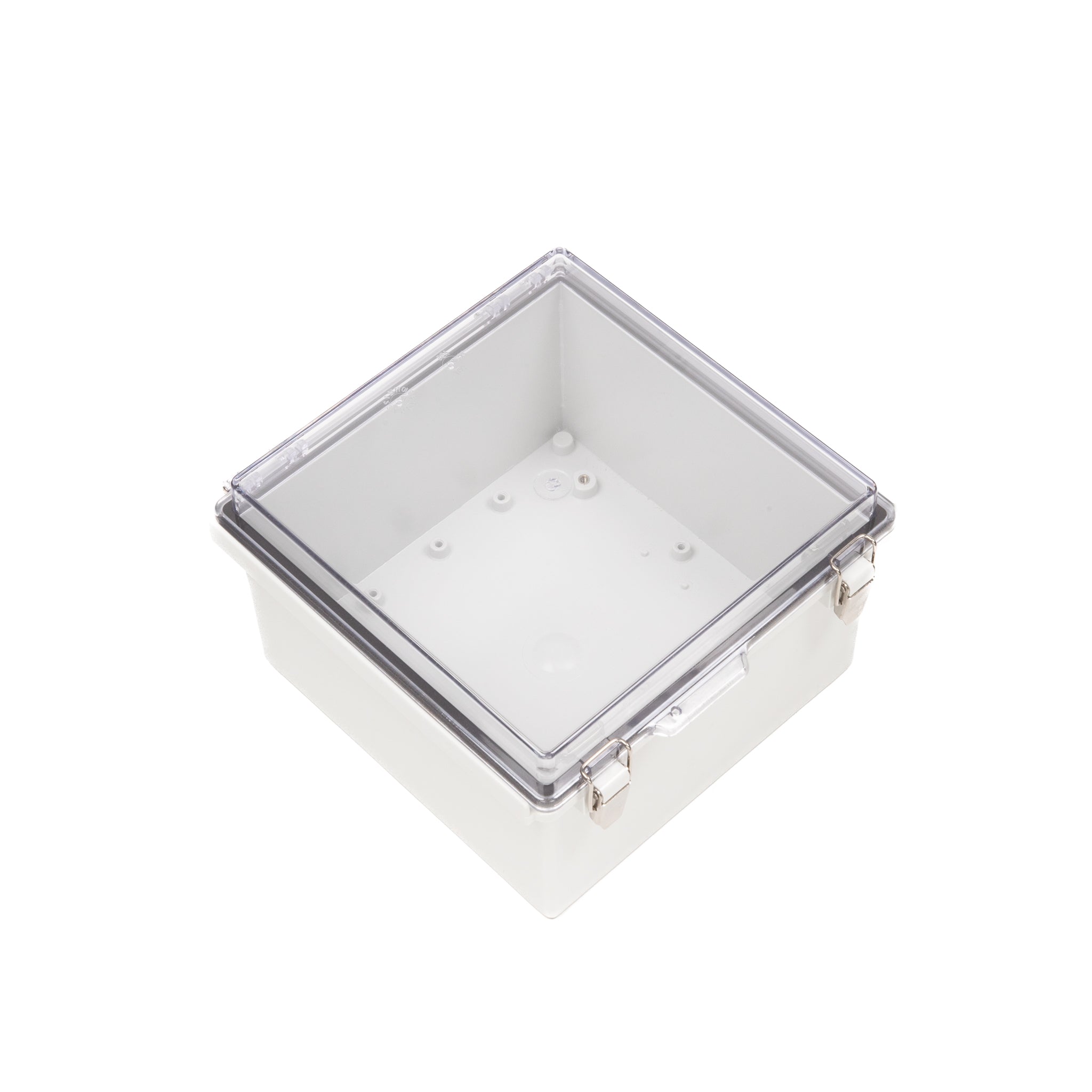 Boxco P-Series 8.27 x 8.27 x 5.12 Inches(210 x 210 x 130mm) Plastic  Enclosure, IP67, IK08, PC, Transparent Cover, Molded Hinge and Latch Type