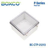 Boxco P-Series 8.27 x 8.27 x 5.12 Inches(210 x 210 x 130mm) Plastic Enclosure, IP67, IK08, PC, Transparent Cover, Molded Hinge and Latch Type