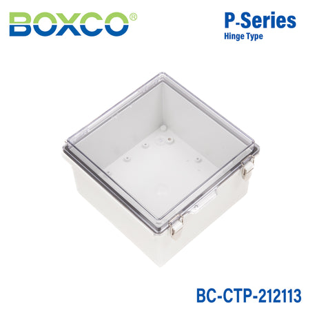 Boxco P-Series 8.27 x 8.27 x 5.12 Inches(210 x 210 x 130mm) Plastic Enclosure, IP67, IK08, PC, Transparent Cover, Molded Hinge and Latch Type