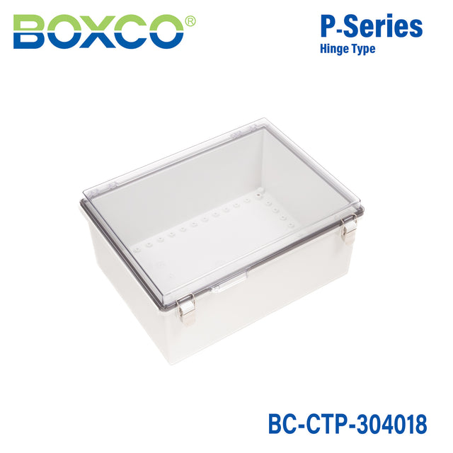Boxco P-Series 11.81 x 15.75 x 7.09 Inches(300 x 400 x 180mm) Plastic Enclosure, IP67, IK08, PC, Transparent Cover, Molded Hinge and Latch Type